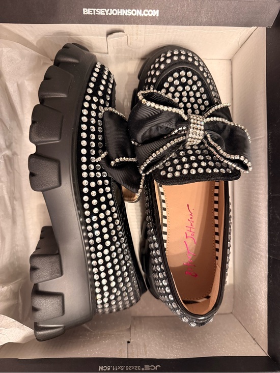 Betsey Johnson Shoes - Betsey Johnson Black Crystal-Studded Platform Loafers with Bow